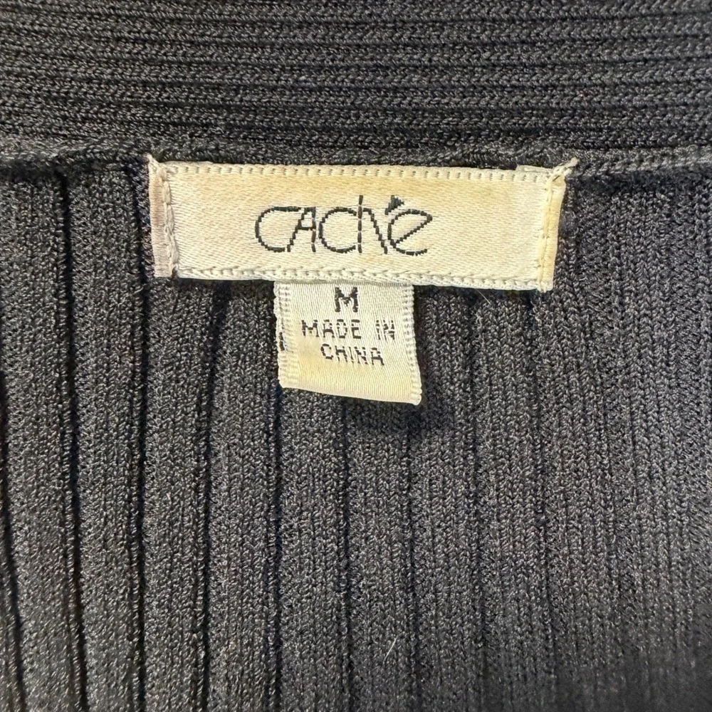 Cache Vintage Y2K Ribbed Knit Wrap‎ Top Long Sleeve V-Neck Black Sweater  M